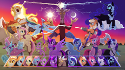 Size: 1920x1080 | Tagged: safe, artist:willoillo, applejack, daybreaker, discord, fluttershy, minuette, nightmare moon, philomena, pinkie pie, rainbow dash, rarity, spike, trixie, twilight sparkle, alicorn, draconequus, dragon, earth pony, pegasus, phoenix, pony, unicorn, g4, alicornified, alternate cutie mark, armor, axe, battle axe, beam struggle, book, cape, closed mouth, clothes, cloud, colored hooves, commission, crescent moon, crown, dress, emotes, ethereal hair, ethereal mane, ethereal tail, evil grin, fangs, female, fiery mane, fiery tail, flying, folded wings, grin, gun, hat, helmet, hoof shoes, jetpack, jewelry, levitation, lying down, lying on a cloud, magic, magic aura, male, mane seven, mane six, mare, minuetticorn, missile, moon, on a cloud, open mouth, open smile, peytral, princess shoes, race swap, regalia, rocket launcher, smiling, spear, spread wings, standing, starry mane, starry tail, sun, sunset, sword, tail, tank top, telekinesis, trixie's cape, trixie's hat, twilight sparkle (alicorn), unshorn fetlocks, wall of tags, weapon, wing armor, winged spike, wings
