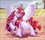 Size: 2560x2276 | Tagged: safe, artist:rozzyro, oc, oc only, butterfly, hybrid, pegasus, pony, angry, baseball bat, butterfly wings, chest fluff, cloud, day, ear fluff, ears back, female, field, fluffy, full body, high res, hooves, nails, pigtails, pink body, pink eyes, rear view, red hair, sand, shading, shadow, sky, solo, steam, sunshine, wasteland, wings