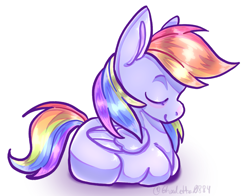 Size: 1729x1353 | Tagged: safe, artist:ghoulette0884, rainbow dash, pegasus, pony, g4, eyes closed, female, lying down, mare, ponyloaf, prone, signature, simple background, solo, white background
