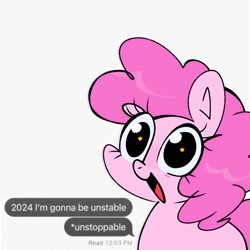 Size: 1500x1500 | Tagged: safe, artist:opossum-stuff, pinkie pie, earth pony, pony, g4, 2024, female, looking at you, mare, meme, no iris, open mouth, open smile, ponk, simple background, smiling, solo, speech bubble, starry eyes, text, white background, wingding eyes