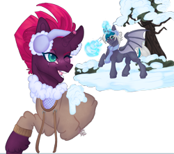 Size: 2325x2063 | Tagged: safe, artist:nightbootypaw, tempest shadow, oc, oc:elizabat stormfeather, alicorn, bat pony, bat pony alicorn, pony, unicorn, g4, alicorn oc, bat pony oc, bat wings, blushing, broken horn, bush, canon x oc, clothes, commission, curved horn, cute, duo, earmuffs, eye scar, facial scar, female, glowing, glowing horn, high res, horn, jacket, lesbian, magic, mare, one eye closed, open mouth, scar, scarf, shipping, simple background, snow, snowball, snowball fight, stormshadow, tempestbetes, transparent background, tree, unshorn fetlocks, wings, winter, ych result