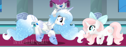 Size: 7294x2774 | Tagged: safe, artist:interstellar-quartz, oc, oc only, oc:sweetheart, oc:windy weather, alicorn, pony, unicorn, alicorn oc, bow, crown, female, hair bow, horn, jewelry, mare, regalia, sunshine sunshine, wings