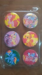 Size: 4608x2592 | Tagged: safe, artist:gradiusfanatic, applejack, fluttershy, pinkie pie, rainbow dash, rarity, spike, twilight sparkle, dragon, earth pony, pegasus, unicorn, g4, bootleg, female, male, mane six, my little pony logo, photo, pin