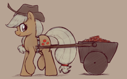 Size: 1894x1173 | Tagged: safe, artist:whiskeypanda, applejack, earth pony, pony, g4, apple, applejack's hat, cart, cowboy hat, doodle, food, hat, looking back, pulling, sketch, solo, stetson, walking