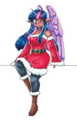 Size: 1862x2902 | Tagged: safe, artist:mylittleyuri, twilight sparkle, human, g4, bare shoulders, boots, breasts, busty twilight sparkle, christmas, clothes, colored pencil drawing, costume, dress, elf ears, female, high res, holiday, horn, horned humanization, humanized, leggings, looking at you, moderate dark skin, one eye closed, santa costume, santa dress, shoes, simple background, smiling, smiling at you, solo, traditional art, white background, winged humanization, wings, wink, winking at you