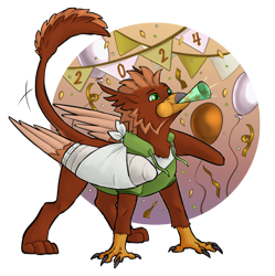 Size: 3117x3134 | Tagged: safe, artist:jeshh, oc, oc only, oc:pavlos, griffon, balloon, bandage, broken bone, broken wing, cast, claws, colored wings, confetti, eared griffon, griffon oc, happy new year, high res, holiday, injured, one wing out, party horn, paws, simple background, sling, solo, transparent background, wings
