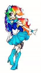 Size: 1543x2742 | Tagged: safe, artist:liaaqila, rainbow dash, human, g4, clothes, commission, eared humanization, humanized, ponied up, pony ears, sailor moon (series), sailor uniform, simple background, solo, traditional art, uniform, white background
