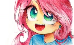 Size: 2448x1496 | Tagged: safe, artist:liaaqila, fluttershy, human, equestria girls, g4, blushing, cute, eye clipping through hair, open mouth, open smile, shyabetes, smiling, solo, traditional art