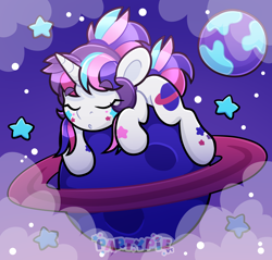 Size: 4000x3824 | Tagged: safe, artist:partypievt, oc, oc only, oc:party pie, pony, unicorn, cloud, eyebrows, eyebrows visible through hair, eyes closed, lying down, macro, planet, ponytail, sleeping, solo, space, stars, vtuber