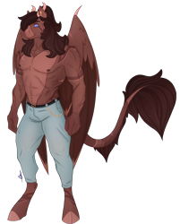 Size: 2036x2533 | Tagged: safe, artist:trashpanda czar, oc, oc only, oc:david mane, hybrid, anthro, anthro oc, clothes, cloven hooves, denim, ear piercing, high res, horns, hybrid oc, jeans, long tail, male, muscles, pants, piercing, prehensile tail, scar, sideburns, simple background, solo, tail, transparent background, wings