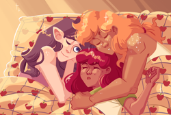 Size: 2048x1380 | Tagged: safe, artist:irisikiki, apple bloom, applejack, rarity, human, g4, apple sisters, bed, elf ears, eyes closed, female, freckles, humanized, in bed, lesbian, light skin, one eye closed, ship:rarijack, shipping, shoulder freckles, siblings, sisters, sleeping, smiling, tan skin, trio, wholesome