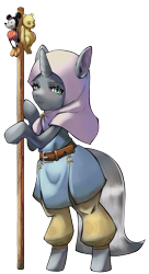 Size: 976x1792 | Tagged: safe, artist:tehwatever, oc, oc only, unnamed oc, pony, unicorn, 2024 community collab, derpibooru community collaboration, belt, bipedal, clothes, context in description, headscarf, hijab, mickey mouse, pants, pole, scarf, simple background, solo, transparent background, tunic, winnie the pooh