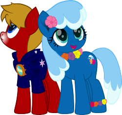 Size: 1500x1415 | Tagged: artist needed, safe, oc, oc only, oc:max mustang, oc:sea foam ep, earth pony, pony, 2024 community collab, derpibooru community collaboration, clothes, duo, female, lei, male, mare, simple background, stallion, transparent background, vector, vest