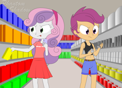 Size: 4200x3000 | Tagged: safe, artist:phantomshadow051, scootaloo, sweetie belle, human, equestria girls, g4, belly button, duo, duo female, female, midriff, sleeveless
