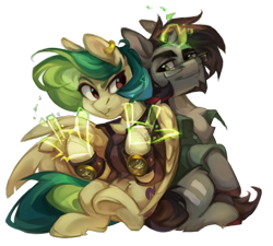Size: 2108x1893 | Tagged: safe, artist:feelinnglad, oc, oc only, oc:jackass (nickel jack), oc:mojito lush, pegasus, pony, unicorn, 2024 community collab, derpibooru community collaboration, broken horn, chest fluff, clothes, duo, glasses, hand, horn, magic, magic hands, simple background, transparent background, watch
