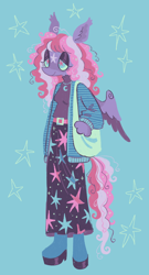 Size: 1030x1902 | Tagged: safe, artist:webkinzworldz, starsong, pegasus, anthro, plantigrade anthro, g3, alternate hairstyle, bag, belt, blue background, boots, cardigan, closed mouth, clothes, coat markings, colored wings, colored wingtips, eyeshadow, facial markings, female, jacket, jewelry, lidded eyes, long skirt, makeup, mare, necklace, requested art, shoes, simple background, skirt, smiling, solo, spread wings, star (coat marking), starry eyes, stars, turtleneck, wingding eyes, wings