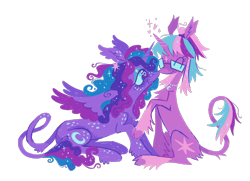 Size: 2000x1448 | Tagged: safe, artist:webkinzworldz, princess luna, twilight sparkle, twilight twinkle, alicorn, classical unicorn, pony, unicorn, g3, g4, alternate color palette, alternate design, alternate hairstyle, back freckles, boop, butt fluff, chest fluff, closed mouth, clothes, cloven hooves, coat markings, colored hooves, duo, ear freckles, ear tufts, eyes closed, eyeshadow, facial markings, fangs, female, freckles, glasses, heart, horn, jewelry, leg fluff, leg freckles, leonine tail, lesbian, makeup, necklace, noseboop, one ear down, ponytail, raised hoof, requested art, ship:twiluna, shipping, shoulder freckles, simple background, sitting, smiling, socks, sparkly mane, sparkly tail, spread wings, star (coat marking), tail, tail fluff, tail freckles, toy interpretation, transparent background, unicorn twilight, unshorn fetlocks, wings