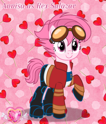 Size: 1127x1315 | Tagged: safe, artist:muhammad yunus, oc, oc only, oc:annisa trihapsari, earth pony, pony, series:the guardian of leadership, base used, clothes, crossover, generator rex, glowing, glowing horn, goggles, goggles on head, heart, horn, jacket, pants, pink background, rex salazar, shoes, show accurate, skirt, smiling, solo, text, watermark