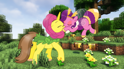 Size: 1920x1080 | Tagged: safe, artist:brianblackberry, artist:grapefruit-face, edit, pipp petals, oc, oc:grapefruit face, bee, bee pony, insect, original species, pony, unicorn, g4, g5, bumblebipp, canon x oc, clothes, costume, duo, eyes closed, female, floating, flower, flower costume, g4 to g5, generation leap, grapepipp, hooves on face, kiss on the lips, kissing, male, minecraft, pipp is short, pipp is smol, shipping, species swap, straight, tree