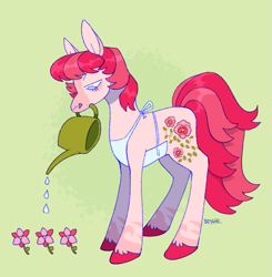 Size: 1157x1183 | Tagged: safe, artist:beyhr, oc, oc only, oc:orchid breeze, earth pony, hybrid, pony, zony, apron, clothes, female, flower, green background, mare, mouth hold, simple background, solo, unshorn fetlocks, watering, watering can, zony oc