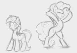 Size: 864x593 | Tagged: safe, anonymous artist, lyra heartstrings, pinkie pie, earth pony, pony, unicorn, g4, bipedal, duo, eyes closed, happy, monochrome, open mouth, simple background, sketch, sketch dump, standing