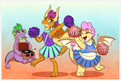 Size: 1772x1181 | Tagged: safe, artist:inuhoshi-to-darkpen, smolder, spike, oc, oc:buttercream the dragon, dragon, flurry heart's story, g4, adult, adult spike, cheering, cheerleader, cheerleader outfit, cheerleader smolder, chubby, clothes, commission, cute, dragoness, eyes closed, fat, fat spike, female, gradient background, halter top, heart shaped, older, older smolder, older spike, pom pom, record player, sitting, skirt, smiling, spike's sister, tank top