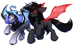 Size: 3354x2097 | Tagged: safe, artist:argigen, oc, oc only, oc:argi, oc:nub, hybrid, pony, unicorn, 2024 community collab, derpibooru community collaboration, artificial wings, augmented, bat wings, chest fluff, couple, cute, duo, flying, magic, magic wings, simple background, transparent background, wings
