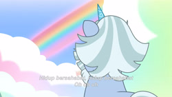 Size: 3072x1727 | Tagged: safe, screencap, alphabittle blossomforth, pony, unicorn, g5, icy prints, my little pony: tell your tale, spoiler:g5, spoiler:my little pony: tell your tale, spoiler:tyts02e01, indonesian, male, rainbow, solo, stallion, subtitles