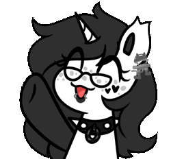 Size: 375x348 | Tagged: safe, artist:crazysketch101, oc, oc only, oc:snowe, pony, unicorn, animated, black hair, black mane, collar, cute, ear piercing, earring, eyes closed, gif, glasses, heart, jewelry, messy hair, messy mane, open mouth, piercing, simple background, solo, spiked collar, transparent background, waving, white coat