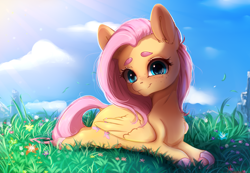 Size: 2606x1800 | Tagged: safe, artist:miokomata, fluttershy, pegasus, pony, g4, colored hooves, cute, female, freckles, freckleshy, frog (hoof), grass, high res, looking at you, lying down, mare, prone, shyabetes, smiling, smiling at you, smol, solo, sploot, underhoof