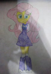 Size: 1080x1575 | Tagged: safe, artist:thehumanboywonder, fluttershy, human, equestria girls, g4, boots, clothes, high heel boots, shirt, shoes, skirt, socks, solo, traditional art