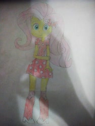 Size: 3120x4160 | Tagged: safe, artist:thehumanboywonder, fluttershy, human, equestria girls, g4, boots, clothes, high heel boots, minnie mouse, shirt, shoes, skirt, socks, solo, traditional art