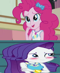 Size: 501x613 | Tagged: safe, edit, edited screencap, editor:questphillips, screencap, pinkie pie, rarity, human, constructive criticism, equestria girls, equestria girls specials, g4, my little pony equestria girls: better together, my little pony equestria girls: rollercoaster of friendship, cute, diapinkes, female, lesbian, raribetes, ship:raripie, shipping, smiling, wrong aspect ratio