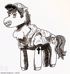 Size: 1770x1868 | Tagged: safe, artist:thehumanartist, oc, oc only, oc:daso, earth pony, pony, g4, black and white, braces, cap, christianity, clothes, cross, grayscale, grin, hat, looking at you, male, monochrome, notebook, one eye closed, pen, simple background, smiling, solo, tattoo, traditional art, vest, white background, wink
