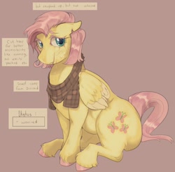 Size: 1068x1045 | Tagged: safe, artist:twistedtoms, fluttershy, earth pony, pegasus, g4, alternate universe, english, hooves, pink hair, pink tail, sitting, solo, tail, text, yellow coat