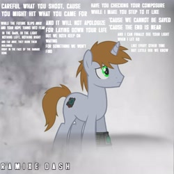 Size: 2560x2560 | Tagged: safe, artist:ramixe dash, oc, oc only, oc:littlepip, pony, unicorn, fallout equestria, littledust, lyrics, male, rule 63, solo, stallion, text, the hunting party