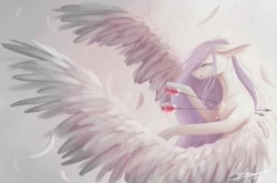 Size: 500x330 | Tagged: safe, artist:kiyomit, oc, oc:crystal shine, large wings, love, sad, solo, spread wings, wings