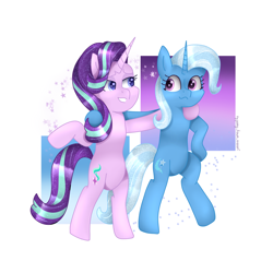 Size: 3000x3000 | Tagged: safe, artist:aasuri-art, starlight glimmer, trixie, pony, unicorn, g4, road to friendship, belly, bipedal, duo, duo female, female, high res, hoof around neck, hug, simple background, standing, white background