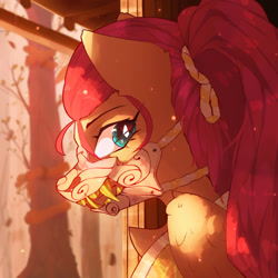 Size: 1350x1350 | Tagged: safe, artist:glazirka, fluttershy, pegasus, pony, g4, alternate hairstyle, bust, looking back, mask, solo