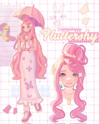 Size: 1642x2048 | Tagged: safe, artist:veronicyyy, angel bunny, fluttershy, human, pegasus, pony, rabbit, g4, alternate hairstyle, animal, bust, clothes, dress, ear piercing, earring, female, hair bun, humanized, jewelry, long hair, looking at you, mare, necklace, parasol (umbrella), piercing, smiling, smiling at you, sundress