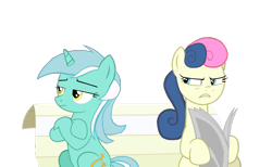 Size: 1600x984 | Tagged: safe, artist:iamaveryrealperson, edit, bon bon, lyra heartstrings, sweetie drops, earth pony, pony, unicorn, g4, 2021, base used, bench, duo, female, frown, looking at someone, looking at something, mare, newspaper, simple background, transparent background, upset