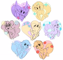 Size: 2824x2685 | Tagged: safe, artist:artomicmuffin, applejack, fluttershy, pinkie pie, rainbow dash, rarity, sunset shimmer, twilight sparkle, alicorn, earth pony, pegasus, pony, unicorn, g4, alternate mane seven, female, grin, heart, mane six, mare, open mouth, open smile, partial color, simple background, smiling, twilight sparkle (alicorn), white background