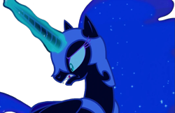 Size: 867x563 | Tagged: safe, edit, edited screencap, screencap, nightmare moon, alicorn, pony, g4, my little pony: friendship is magic, background removed, concerned, glowing, glowing horn, helmet, horn, magic, open mouth, png, scared, simple background, solo, transparent background