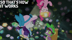 Size: 1920x1080 | Tagged: safe, edit, edited screencap, editor:quoterific, screencap, pinkie pie, rarity, spike, dragon, dragon dropped, g4, basket, gem, gem cave, headlamp, helmet, mining helmet, winged spike, wings