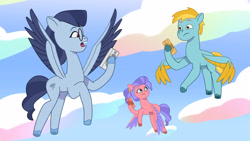 Size: 3072x1727 | Tagged: safe, screencap, sunny styles, pegasus, pony, g5, icy prints, my little pony: tell your tale, spoiler:g5, spoiler:my little pony: tell your tale, spoiler:tyts02e01, cellphone, female, flying, frown, male, mare, open mouth, phone, smartphone, spread wings, stallion, trio, unnamed character, wings