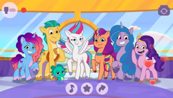 Size: 3072x1727 | Tagged: safe, screencap, hitch trailblazer, izzy moonbow, misty brightdawn, pipp petals, sparky sparkeroni, sunny starscout, zipp storm, dragon, earth pony, pegasus, pony, unicorn, g5, icy prints, my little pony: tell your tale, spoiler:g5, spoiler:my little pony: tell your tale, spoiler:tyts02e01, adorapipp, baby, baby dragon, blue body, blue mane, blue tail, bracelet, camera, closed mouth, cloud, crystal brighthouse, cute, diverse body types, dragon horns, dragon tail, dragon wings, dreamworks face, duo, duo male, ears, ears up, eyebrows, eyes open, female, gradient mane, gradient tail, green mane, grin, height difference, hoof on chest, horn, horns, house, icon, izzy is tol, jewelry, live, looking at you, male, mane five, mane seven (g5), mane six (g5), mane stripe sunny, mare, maretime bay, music notes, open mouth, open smile, orange body, papa hitch, physique difference, pink body, pink mane, pink tail, pink wings, pipp is short, purple body, purple mane, purple tail, raised eyebrow, raised eyebrows, raised hoof, rebirth misty, royal sisters (g5), siblings, sisters, sky, smiling, smiling at you, solo, spread wings, stallion, stars, tail, together, unicorn horn, united, white wings, window, wings