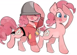 Size: 2048x1467 | Tagged: safe, artist:yen00280, pinkie pie, earth pony, pony, g4, blue eyes, clothes, fake cutie mark, helmet, pink coat, pink hair, salute, simple background, smiling, soldier, soldier (tf2), solo, team fortress 2, tongue out, white background