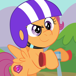 Size: 2048x2048 | Tagged: safe, artist:doughnut-doodles, scootaloo, pegasus, pony, g4, bipedal, dreamworks face, female, filly, foal, helmet, scooter, smiling, solo, spread wings, wings