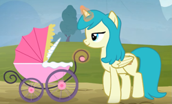 Size: 949x576 | Tagged: safe, artist:forgalorga, bright morning, stratus wind, alicorn, g4, baby carriage, everypony became alicorns, glowing, glowing horn, horn, impossibly large horn