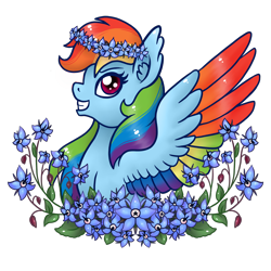 Size: 2048x2048 | Tagged: safe, artist:mesuyoru, rainbow dash, pegasus, pony, g4, blue coat, colored wings, ear fluff, female, floral head wreath, flower, flower in hair, grin, mare, multicolored wings, rainbow wings, simple background, smiling, smirk, solo, spread wings, transparent background, wings